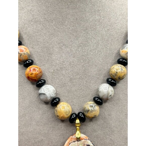 Handcrafted Leopard Jasper Necklace Beaded with Large Drop Shaped Pendant - Picture 5 of 7